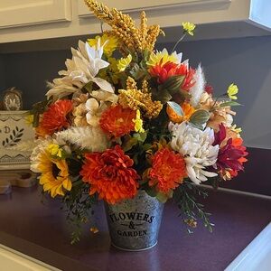 Charming Faux Floral Bouquet in Rustic Metal Pot